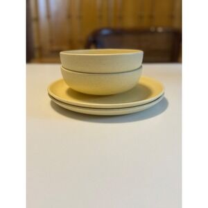 Vintage Laurel of California Cerama-Stone Yellow Speckled Bowl and Plate Set 4pc